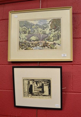 Lot 744 - Angus Rands, landscape, signed, watercolour together with a print of interior scene after Fred...