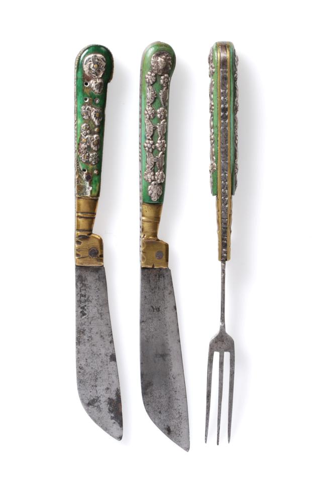 Lot 243 - A German Green Stained Bone and Silver-Handled Travelling Knife and Fork, mid 18th century, the...