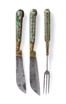 Lot 243 - A German Green Stained Bone and Silver-Handled Travelling Knife and Fork, mid 18th century, the...