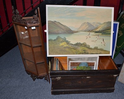 Lot 751 - A carved corner cupboard, trunk, tin box, records and three pictures