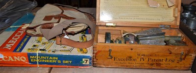 Lot 769 - Hardy's fishing bag, leather cartridge belt, a Walker's Excelsior IV Patent log in pine box...