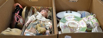 Lot 771 - Five boxes of ornamental items, drinking glasses, tea wares, doll, decorative masks, etc