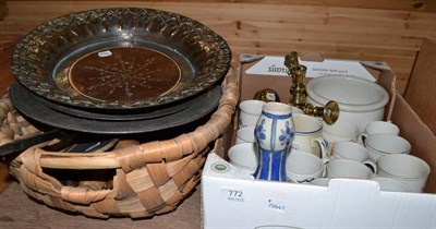 Lot 772 - An Arab copper dish, two pewter dishes, Co-operative mugs, pine box, wicker basket etc