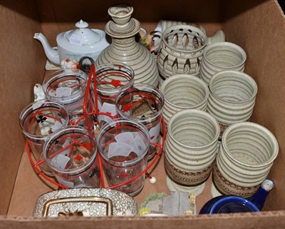 Lot 780 - Quantity of china, crested ornaments, studio pottery, silver plated tea set, tray, drawing...