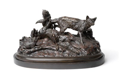 Lot 249 - Pierre-Jules Mêne (French, 1810-1879): A Bronze Group of a Family of Foxes at Play, on an oval...