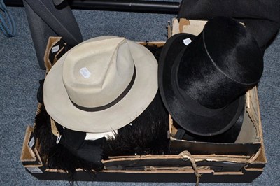 Lot 798 - Black silk top hat in card box, another (a.f.), Victorian capes, green satin cocktail dress,...