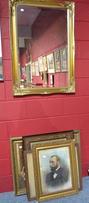 Lot 825 - A reproduction gilt framed mirror and four Victorian prints