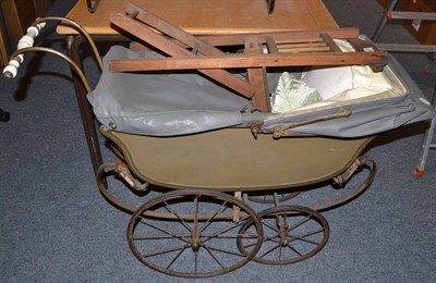 Lot 839 - Scott's dolls pram, brass dolls bed and folding chair (3)