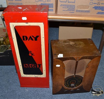 Lot 840 - ;Day & Night; illuminated adverting sign in red and black together with a Philco radio in...