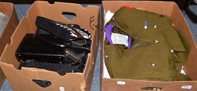 Lot 856 - Four boxes of textiles, handbags, soft toys, military uniforms, two fur coats, hats etc