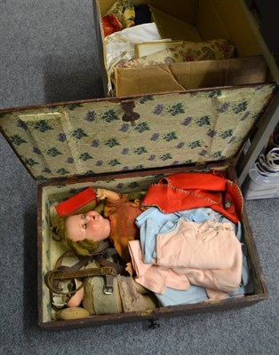 Lot 862 - A 19th century stained pine box containing two dolls (a.f.) and a box of assorted linen and...