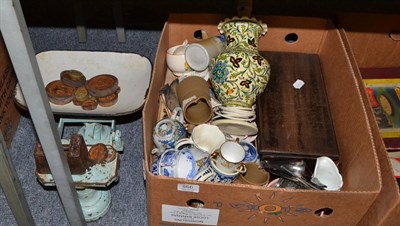 Lot 866 - A set of kitchen scales and weights and five boxes of assorted china, glass and ornaments