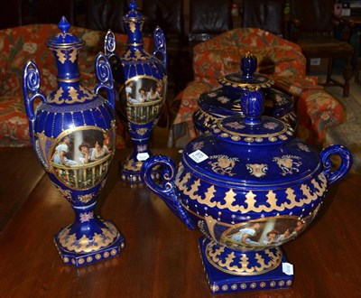 Lot 870 - Two pairs of blue and gilt decorated vases (of recent date)