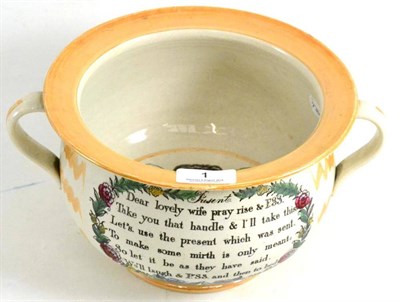 Lot 1 - Sunderland twin handled frog chamber pot, inside decorated with a Negro inscribed 'Oh dear me...