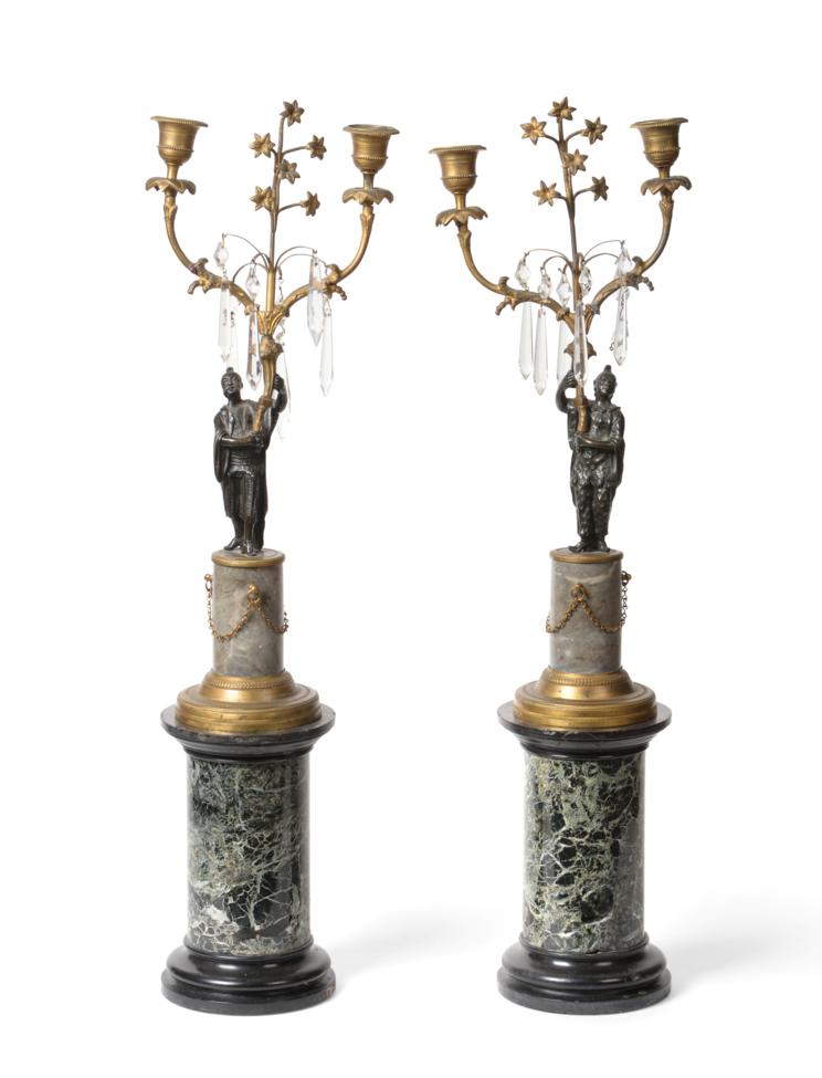Lot 266 - A Parcel Gilt, Bronze and Marble Candelabra, in Louis XV style, the branches hung with faceted...
