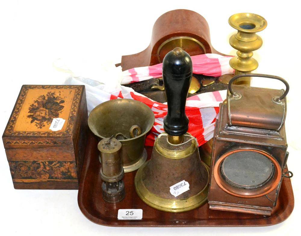 Lot 25 - * A tray of collectors items including a Tunbridgeware caddy, horse brasses, lamps, mantel...