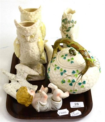 Lot 28 - * A Belleek teapot and cover, pair of Belleek owl vases and other decorative ceramics