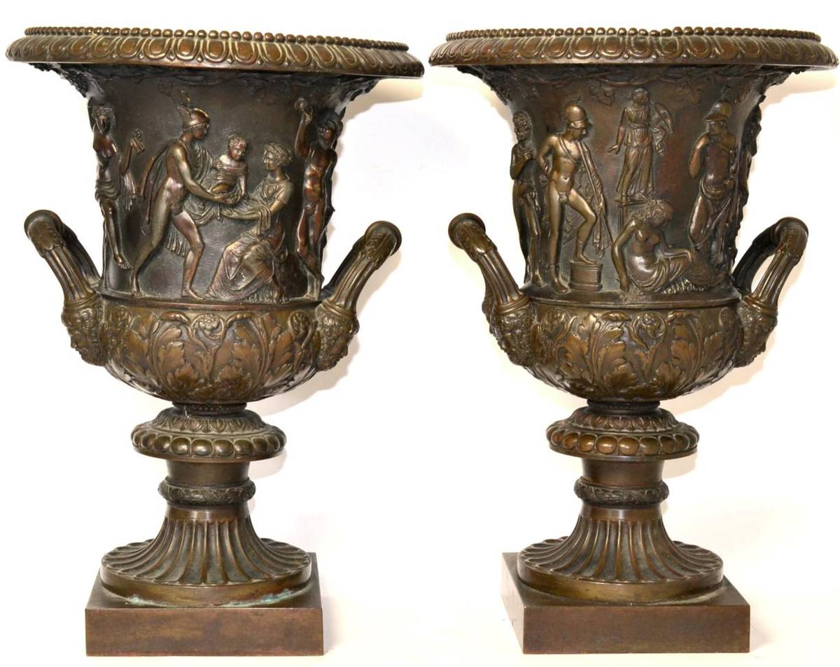 Lot 272 - A Pair of Bronze Twin-Handled Campana Vases, after the antique, cast with a continuous scene of...