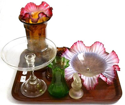 Lot 47 - * A tray including Vaseline glass shade, Davisons 1930s glass vase, glass comport and a...
