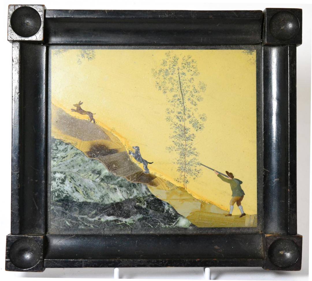 Lot 275 - An Italian Pietra Dura Plaque, 19th century, depicting a huntsman and dog hunting a hare, 17cm...