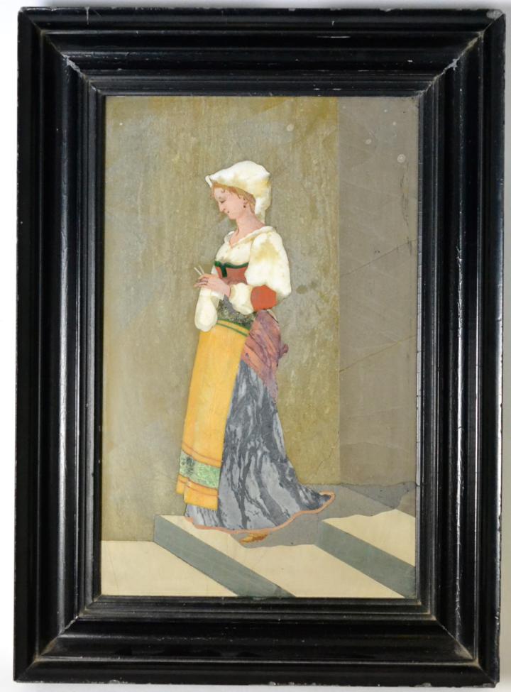 Lot 276 - An Italian Pietra Dura Plaque, 19th century, depicting a lady in a yellow apron, 25cm by 15cm
