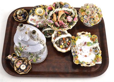 Lot 65 - A collection of English and floral encrusted china and two Davenport miniature jugs with saucers