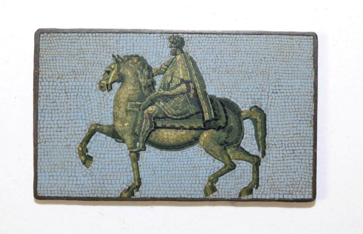 Lot 278 - A Roman Micro-Mosaic Plaque, early 19th century, decorated with Marcus Aurelius on horseback,...