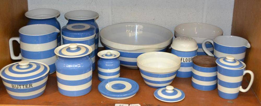 Lot 87 - A collection of blue and white T.G Green Cornish ware including jugs, bowls etc (one shelf)