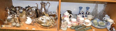 Lot 90 - Silver plate, Wedgwood Jasperware, Staffordshire, decanters, etc (on two shelves)