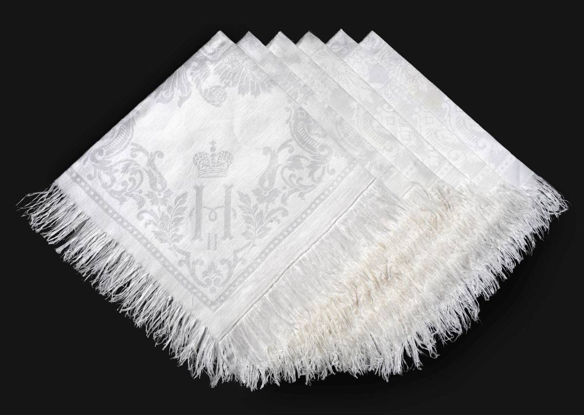 Lot 279 - A Set of Six Nicholas II Russian Silk Damask Napkins, worked with the Imperial Eagle, each...