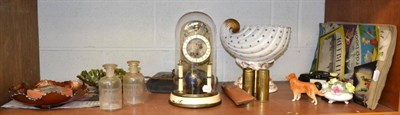 Lot 91 - A Kaiser mantel clock, two carnival glass bowls, shell shaped centrepiece, postcards, cameras, etc