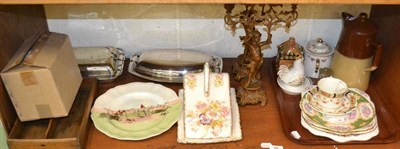 Lot 94 - Pair of spelter candelabra, two entree dishes, Royal Doulton hunting plate, three Maud Earle prints