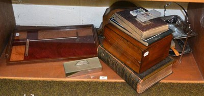 Lot 95 - A leather suitcase, Art Deco tray, cigarette cards, collectors items, mantel clock, two smaller...