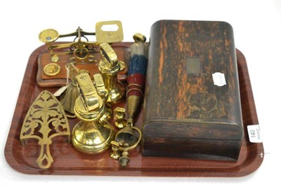Lot 140 - * A tray including brass weights, a brass trivet, postal scales, a coromandel and brass bound...