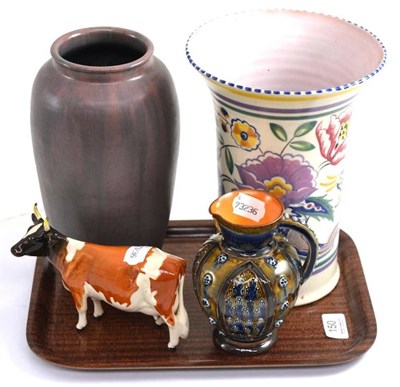 Lot 150 - A Beswick Ayrshire cow Ch Ickham Bessie, 12cm; an Upchurch pottery vase, purple glaze, incised...