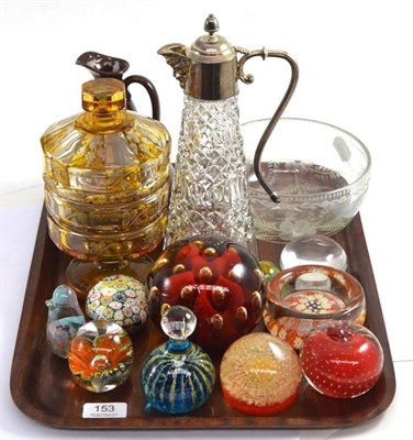 Lot 153 - A tray including amber flash glass vase and cover, glass paperweights, Royal Doulton Duars...