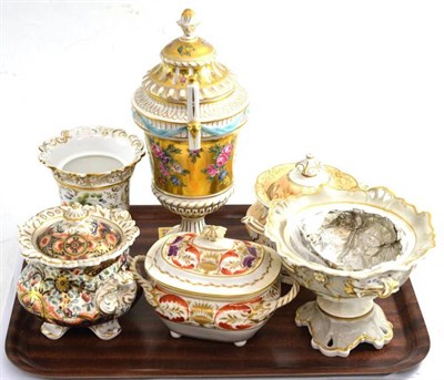 Lot 159 - A tray of 19th century English ceramics including sugar basins and a Dresden gilt decorated...