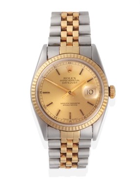 Lot 291 - A Steel and Gold Automatic Calendar Centre Seconds Wristwatch, signed Rolex, Oyster Perpetual,...