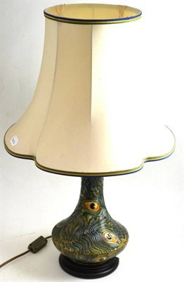 Lot 198 - A Modern Moorcroft Peacock Feathers pattern table lamp, on a stand, with shade