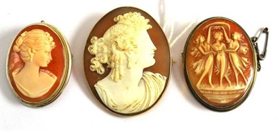 Lot 227 - A cameo brooch in frame stamped '9ct' and two other cameo brooches (3)