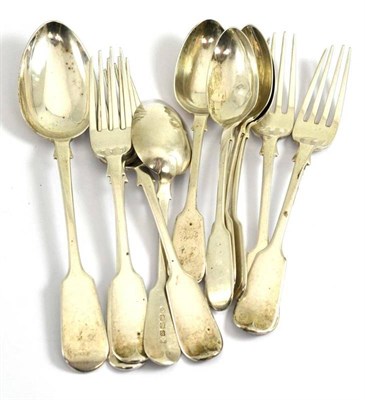 Lot 231 - Five silver fiddle pattern table forks, five dessert spoons and a tablespoon