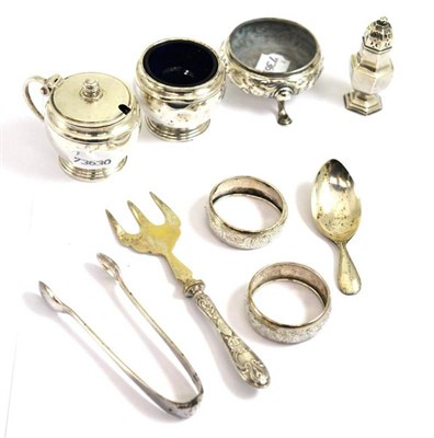 Lot 232 - Small silver items including salts, a mustard, a caddy spoon, two napkin rings, etc