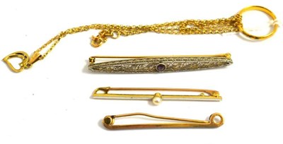 Lot 239 - A 22ct gold band ring, three bar brooches and a heart pendant on chain