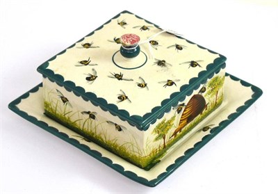 Lot 269 - Weymms butter dish, cover and stand, hand painted with bees and a hive