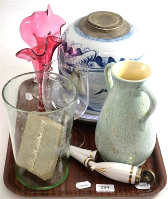 Lot 294 - Blue and white ginger jar and cover, two cranberry glass shades, warming plate, etc