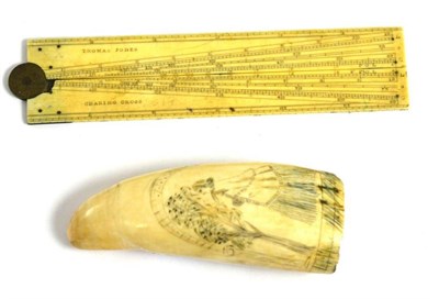 Lot 305 - A scrimshaw whale tooth, carved with a woman beside a tree beneath an arch, together with a...