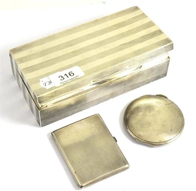 Lot 316 - A silver engine turned cigarette box and two silver engine turned compacts