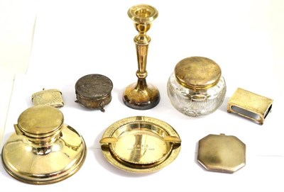 Lot 327 - A tray of assorted silver including 1929 ashtray, silver compact, inkwell, vesta case, candlestick