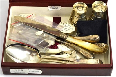 Lot 329 - * Small silver items including stamp cases, a caddy spoon, condiments, mother-of-pearl and...