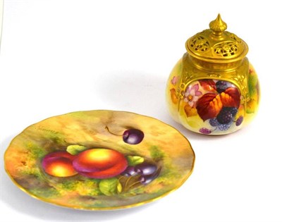 Lot 336 - A Worcester fruit study plate signed E Townsend and a Worcester gilt decorated vase and cover...